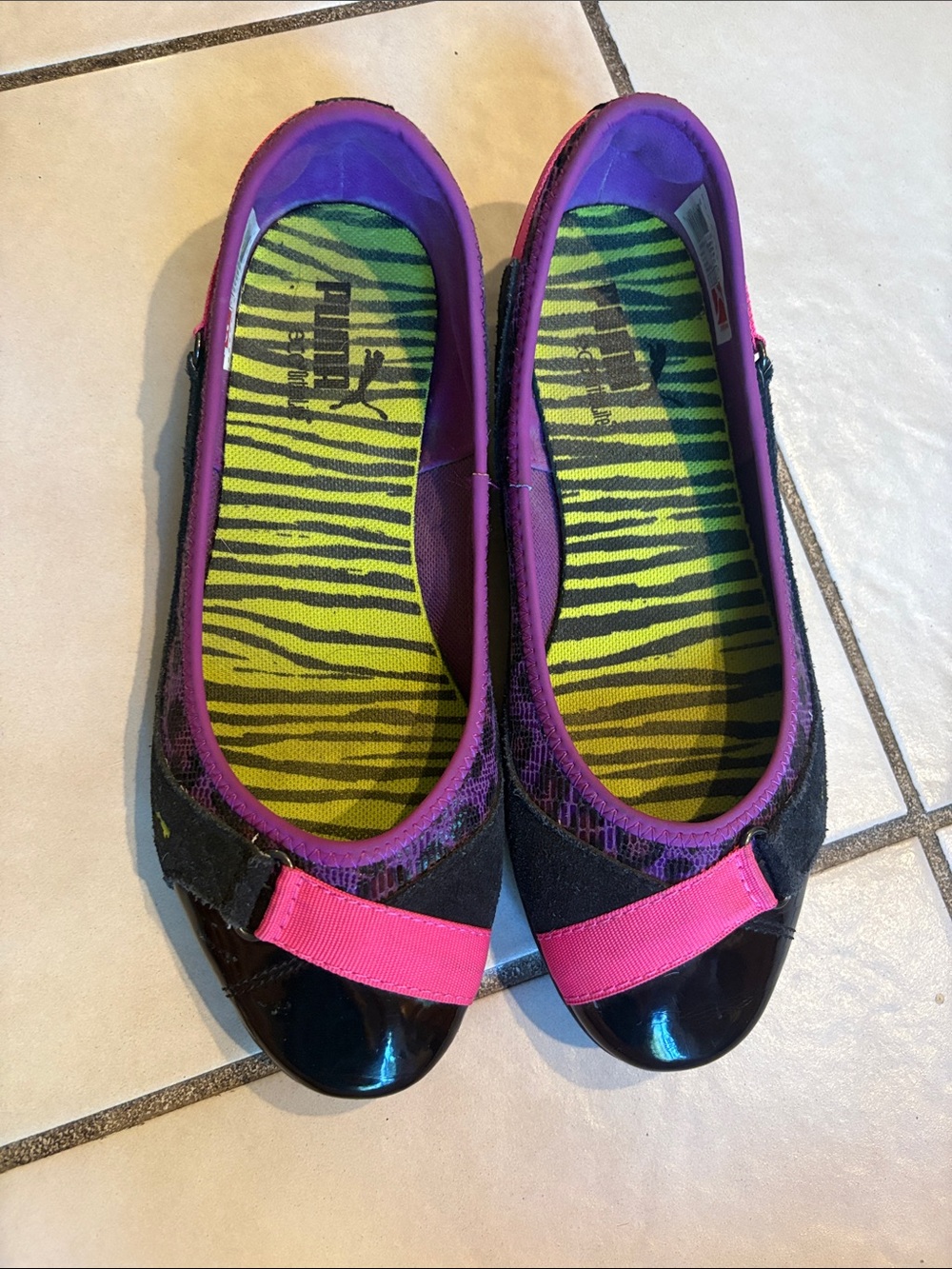 Puma Black Ballet Flats with Pink Strap and Purple Trim